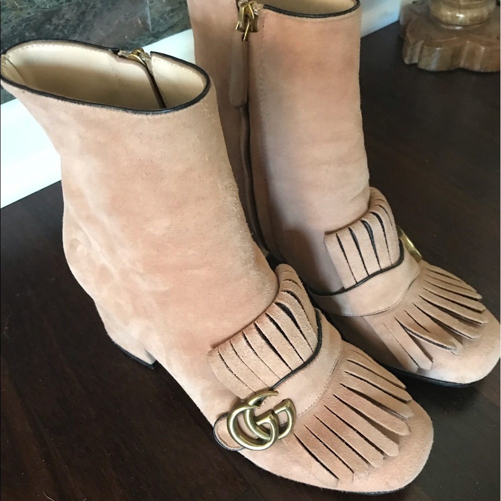 GUCCI Suede GG Marmont Fringe Ankle Boots Tan. **AUTHENTIC**